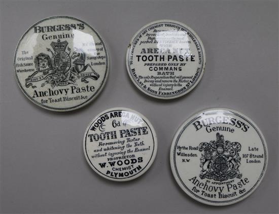 Four assorted pot lids including Anchovy Paste and Toothpaste, largest 8.5inch
